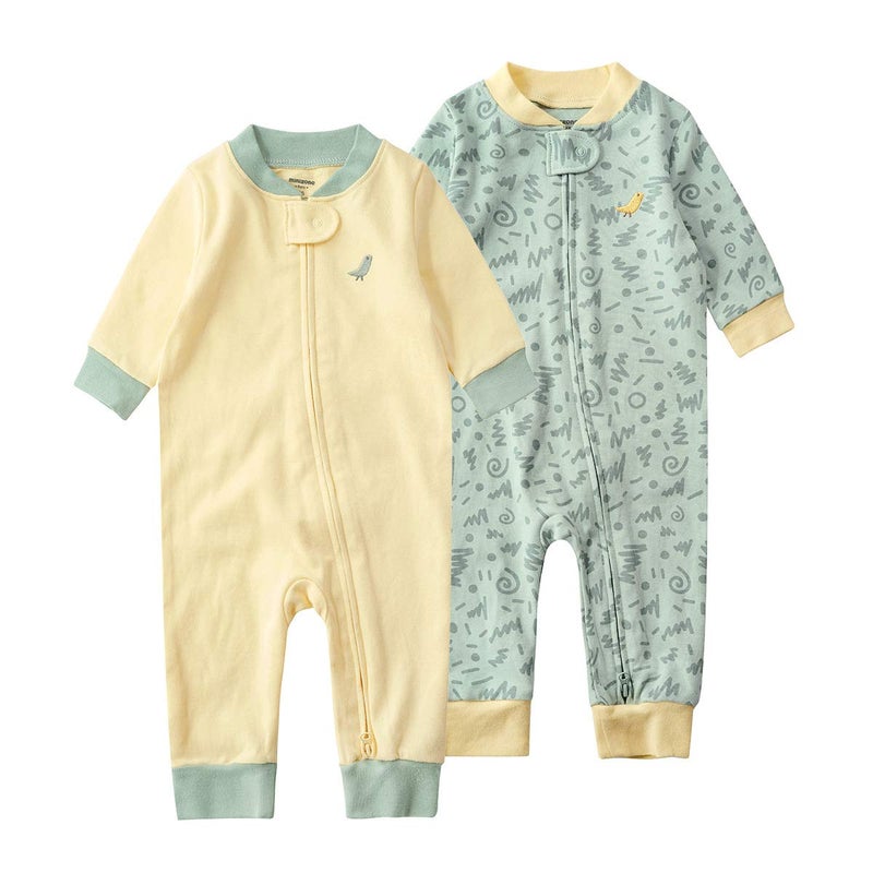 Teach Leanbh Baby 2-Pack 100% Cotton Romper Jumpsuits Two Way Zipper Long Sleeve Footless Sleep and Play (Yellow+Pea Green, 6-12 Months) - Image 1